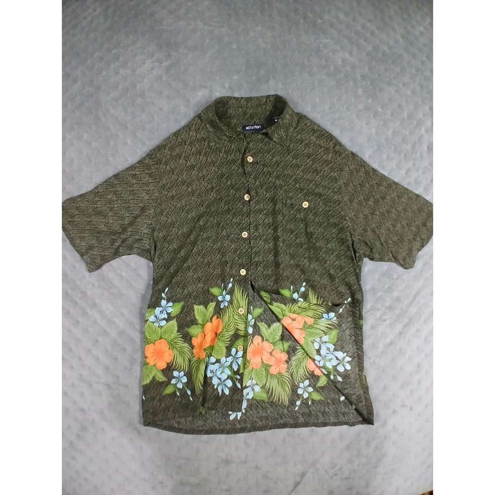 Puritan Mens Medium Olive Green Tropical Floral Rayon Button Down Shirt Hibiscus